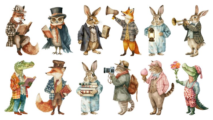 Foto png vintage dier karakter element set transparante achtergrond