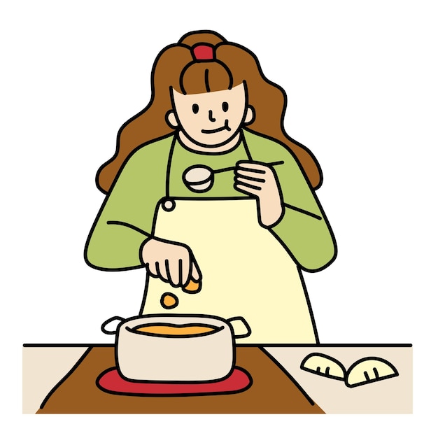 Png vrouw koken en proeven doodle doorzichtige achtergrond
