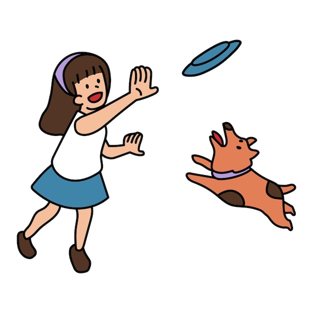 透明な背景で子犬のドゥードルで遊ぶ若い女の子