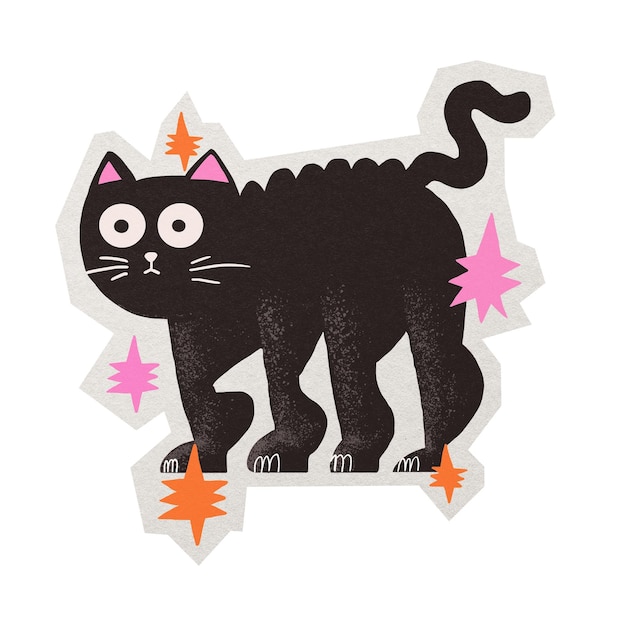 PNG zwarte kat Halloween cartoon sticker met witte rand transparante achtergrond