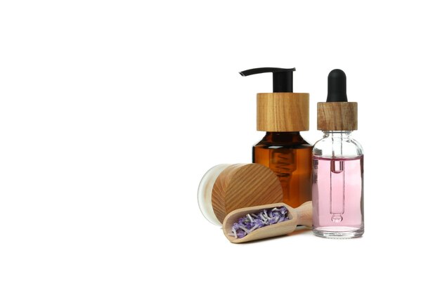 PNGLavender oil in bottles with lavender flowers isolated on white background