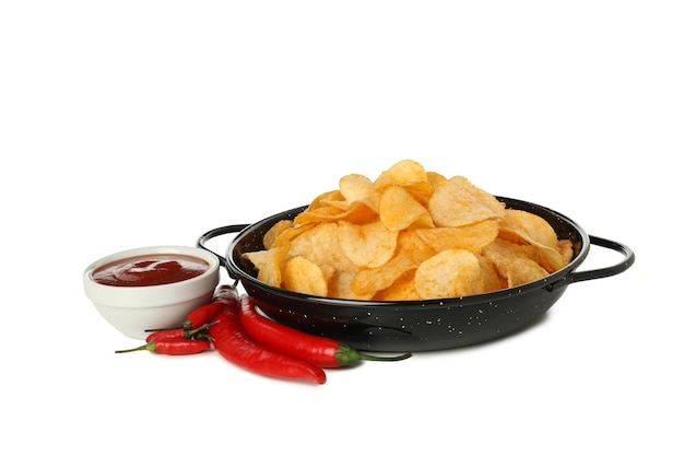 PNGPotato chips in a bowl with chili pepper isolated on white background