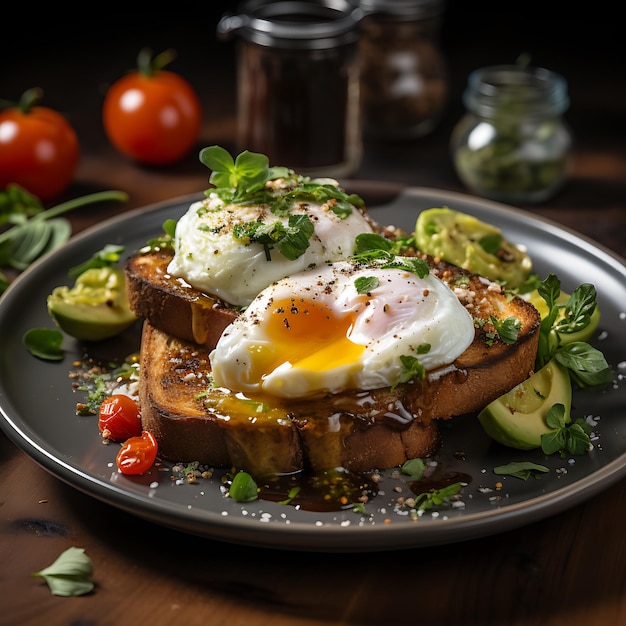 poached egg dish on a plate with tomatoes soft egg opening sourdough smashed avocado toast