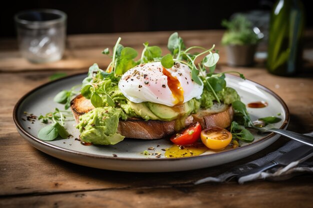 Poached eggs with avocado tomato and sunflower sprout on sourdough toasts