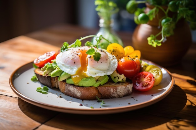 Poached eggs with avocado tomato and sunflower sprout on sourdough toasts