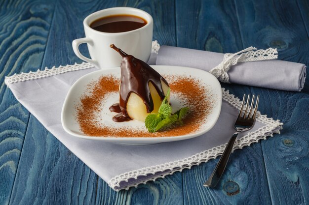 Poached pear with chocolate