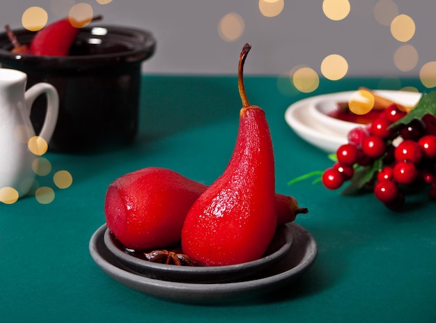 Poached pears in red wine with spices.