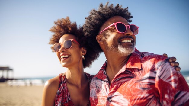 POC koppel van middelbare leeftijd geniet van de tijd op het strand Zomervakantie man en vrouw