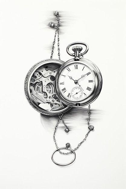 Photo pocket watch broken in two pieces graphite drawing