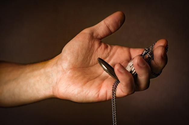 A pocket watch in the hands of a man