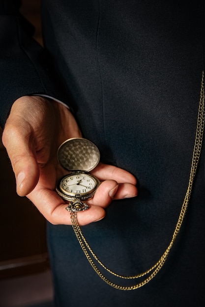 A pocket watch in the hands of a man