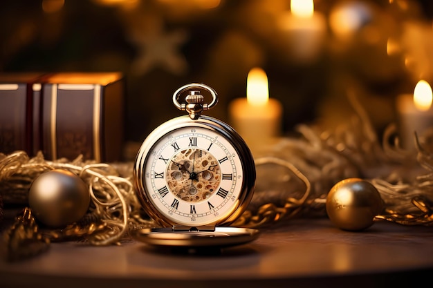 A pocket watch is on a wooden table next to a Christmas tree