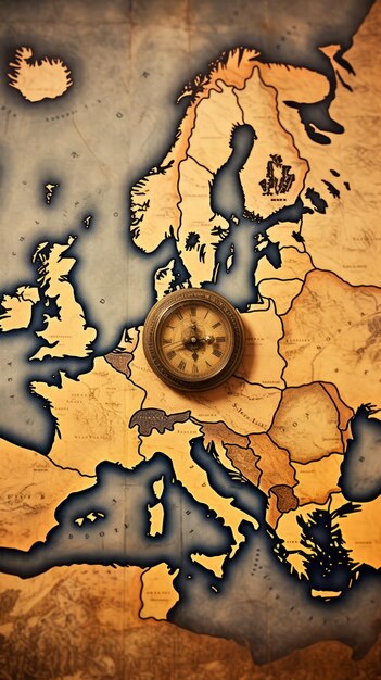 Foto un orologio da tasca su una mappa dell'europa