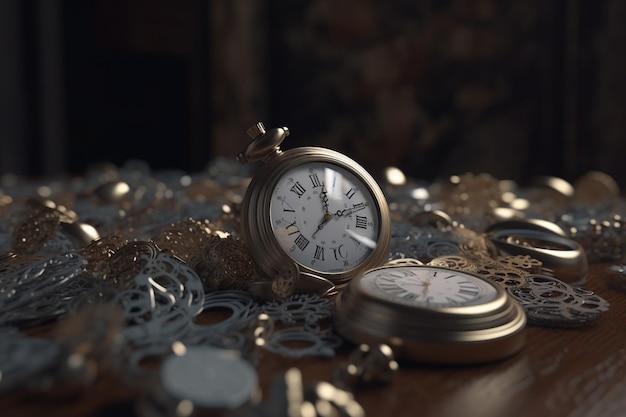 A pocket watch with the roman numeral ii on the face sits on a table with other watches.