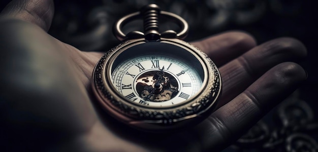 A pocket watch with roman numerals is held in a hand.