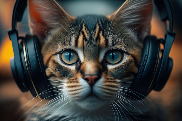 Pockmarked cat muzzle in headphones listening music Abstract portrait stylish design Cat gamer Image is AI generated