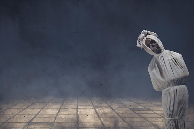 Pocong is covered with a white linen shroud standing