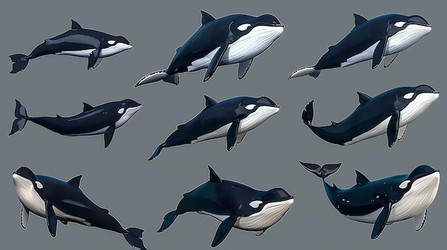 Photo a pod of killer whales is swimming in the ocean the whales are all different sizes and ages they are black and white with long pointed fins