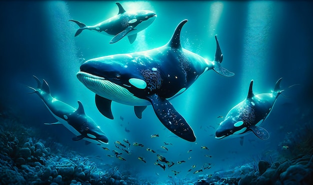 A pod of orcas hunting in the deep sea