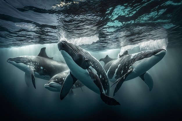 A pod of orcas swimming in the open sea