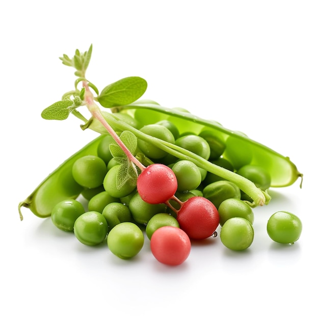 A pod of peas with a red berry on the top.