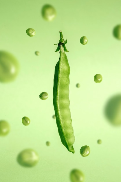 Pod of ripe green peas on a green background in zero gravity\
green monochrome and antigravity vegan food concept
