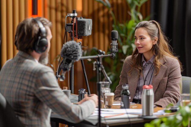 Foto podcast gastheer bezig met een levendig gesprek