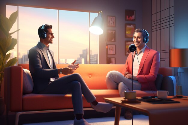 A podcast host interviewing a guest in a relaxed a 00247 03