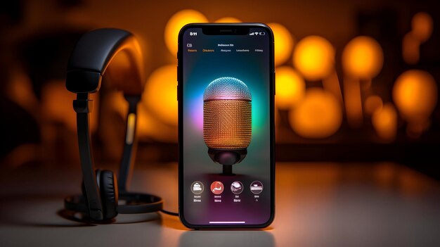 Foto un logo di podcast illuminato sullo schermo di uno smartphone