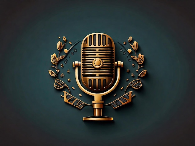 Foto podcast logo con microfono e auricolare audio onde radio per talk show in studio chat condivisione informazioni intervista multimedia e web