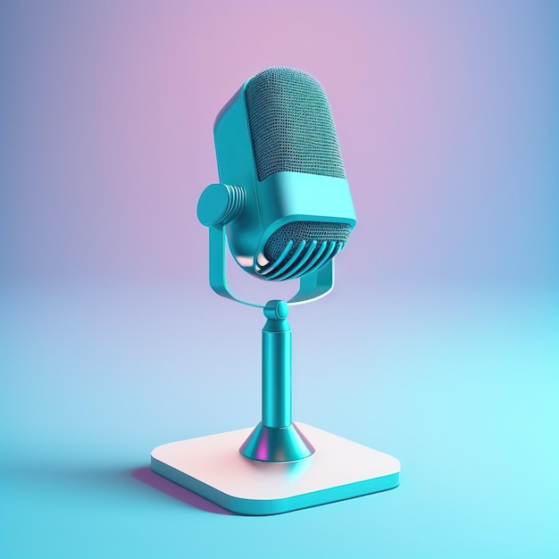 Photo podcast microphone on stand audio equipment illuminated by neon light electronic isolated on a blue background 3d illustration