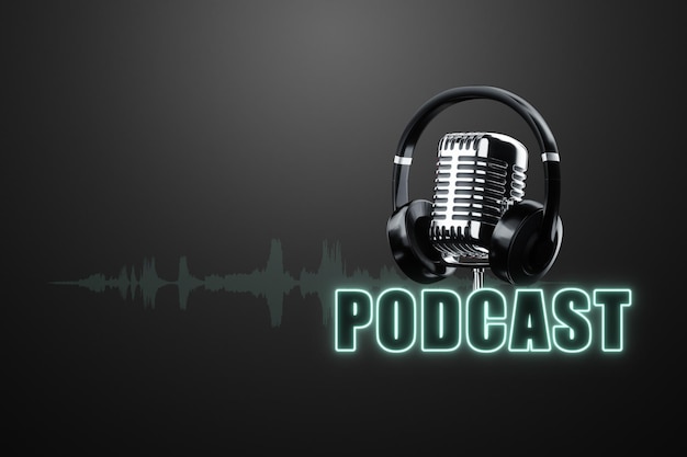 Podcast opschrift Draadloze koptelefoon en microfoon in retro-ontwerp op een donkere achtergrond Concept voor podcast interview radio luisteren naar podcasts 3D-rendering 3D digitale illustratie