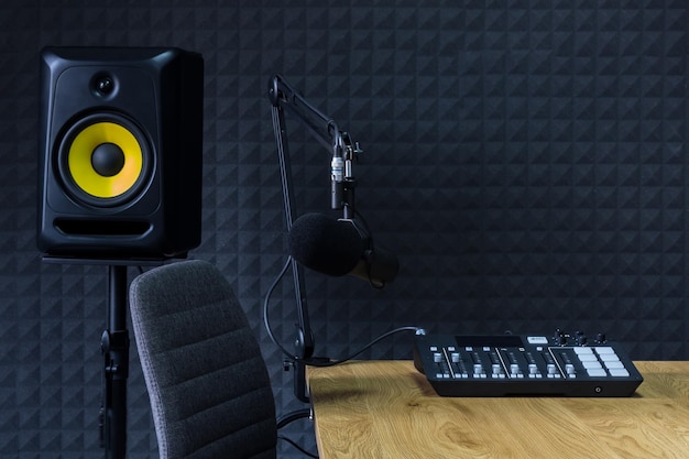 Фото Студия звукозаписи подкастов с микрофонами и эквалайзером для записи онлайн-радиопередач с черной звуконепроницаемой стеной