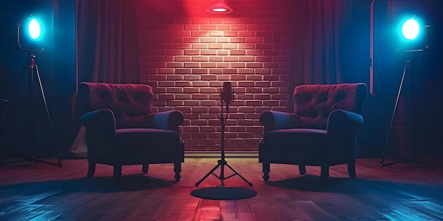 Фото Подкастная комната с двумя стульями и микрофонами на темном фоне идеально подходит для медиа или подкастов концепция подкастная студия медиа-продукция вещание настройка творческого рабочего пространства