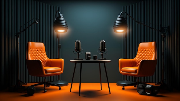 Podcast setting in modern style podcast studio in navy blue generative ai