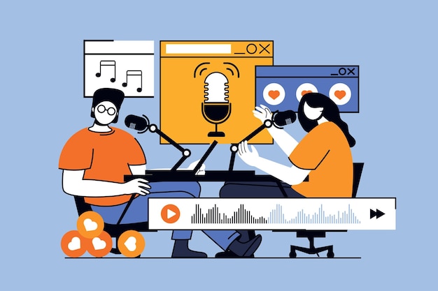 Photo podcast streaming concept with people scene in flat design for web journalist and host broadcasting in and live discussing at studio vector illustration for social media banner marketing material