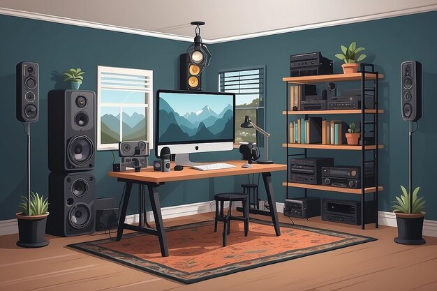 Photo podcast studio setup home office vector scene