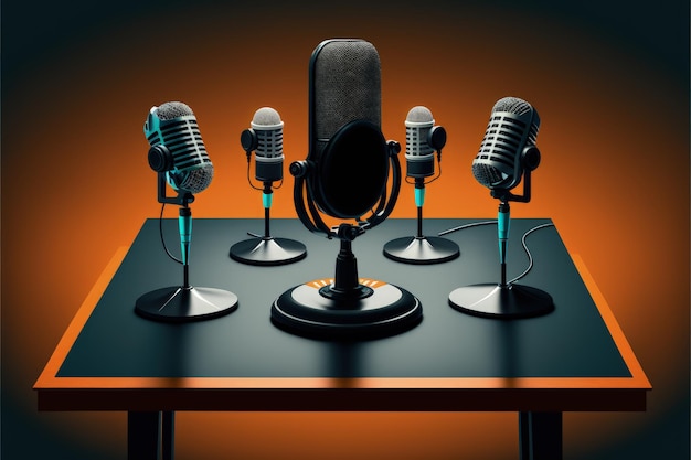 Podcast studio with desk and microphones AI