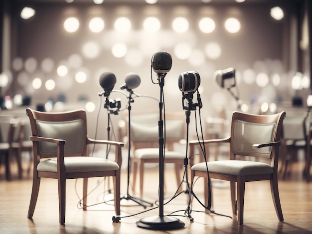 Podcasters' Hub Chairs and Microphones in a Podcast or Interview Setting