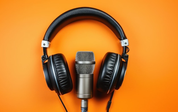 podcasting concept boven zicht van koptelefoon en opname microfoon op oranje achtergrond