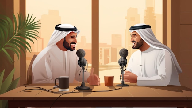 Podcasting Duo Concept Arabische Podcast met twee Arabische mannen in gesprek en uitwisseling