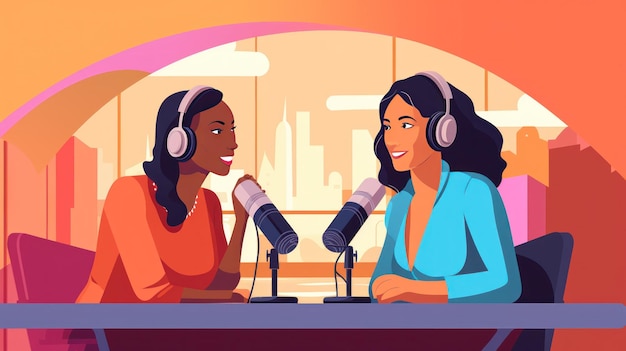 Photo podcasting duo concept women podcast with two diverse women in conversation and exchanging
