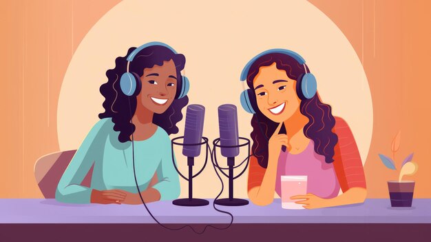 Photo podcasting duo concept women podcast with two diverse women in conversation and exchanging