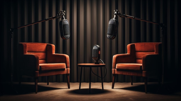 Podcasting Perfectie Twee stoelen Een tafel en een microfoon gegenereerd door AI