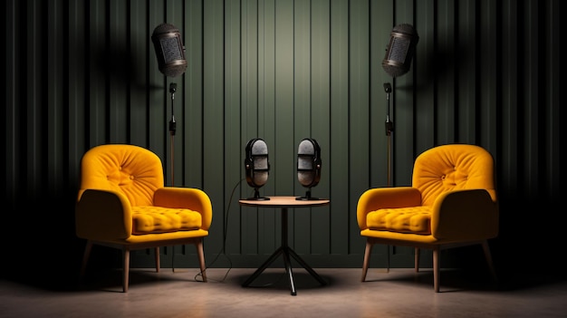 Podcasting-perfectie Twee stoelen en een tafel met microfoons gegenereerd door AI