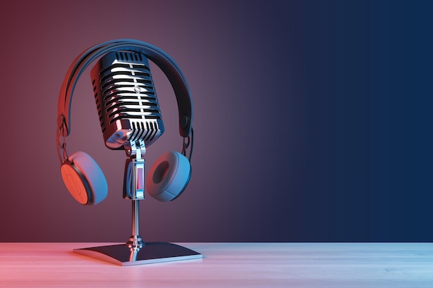 Podcasting and radio concept with retro microphone and headphones on empty wooden table and dark blank wall background with place for your logo or text 3D rendering mock up