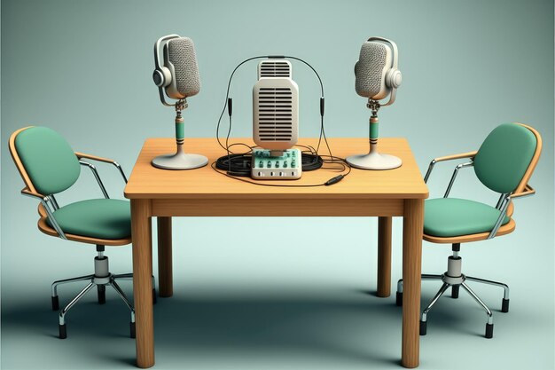 Podcaststudio met bureau en microfoons AI