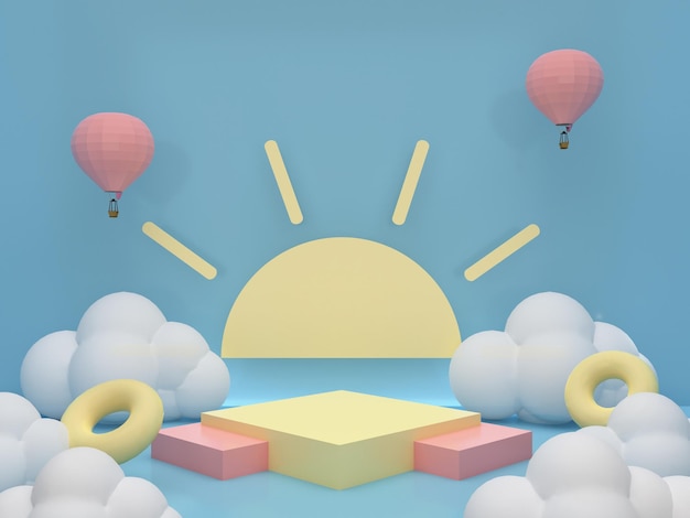 podia met wolken en stralende zon op blauwe achtergrond Voetstuk voor productpresentatie voor kinderen