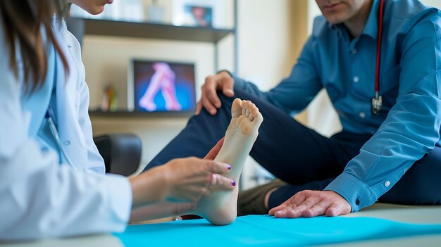 Photo a podiatrist examines a patients foot the podiatrist is wearing a blue shirt and the patient is wearing a white sock