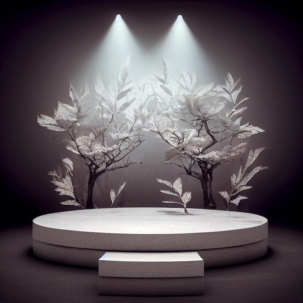 Podium 3d illustration white stone product stand in dark room 3d rendering decorative plant leaves on the background wall dramatic lightning
